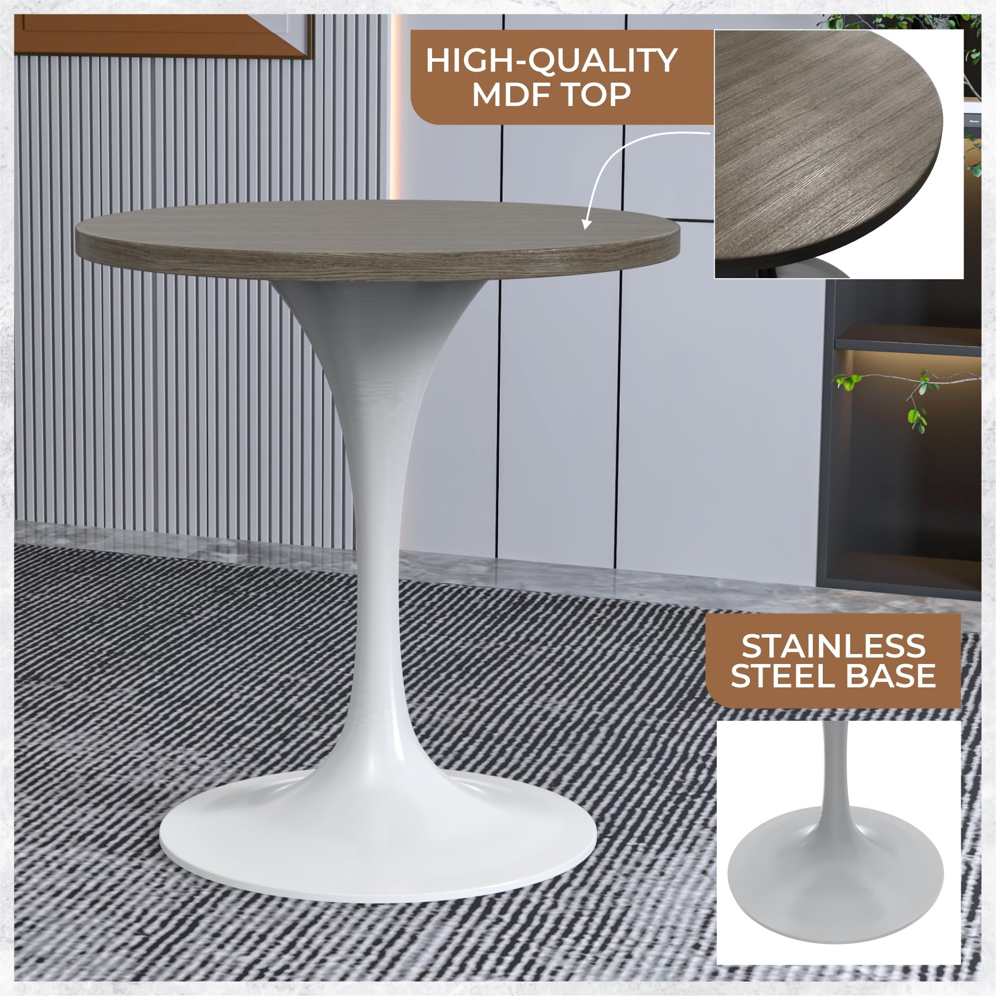 Mid-Century Modern 27 Inch Round Dining Table, MDF Wood Tabletop with White Steel Pedestal Base, Contemporary Kitchen & Dining Room Table, Small Space Breakfast Table, Dark Maple