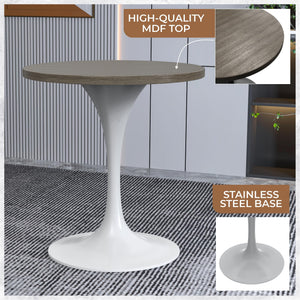 Mid-Century Modern 27 Inch Round Dining Table, MDF Wood Tabletop with White Steel Pedestal Base, Contemporary Kitchen & Dining Room Table, Small Space Breakfast Table, Dark Maple