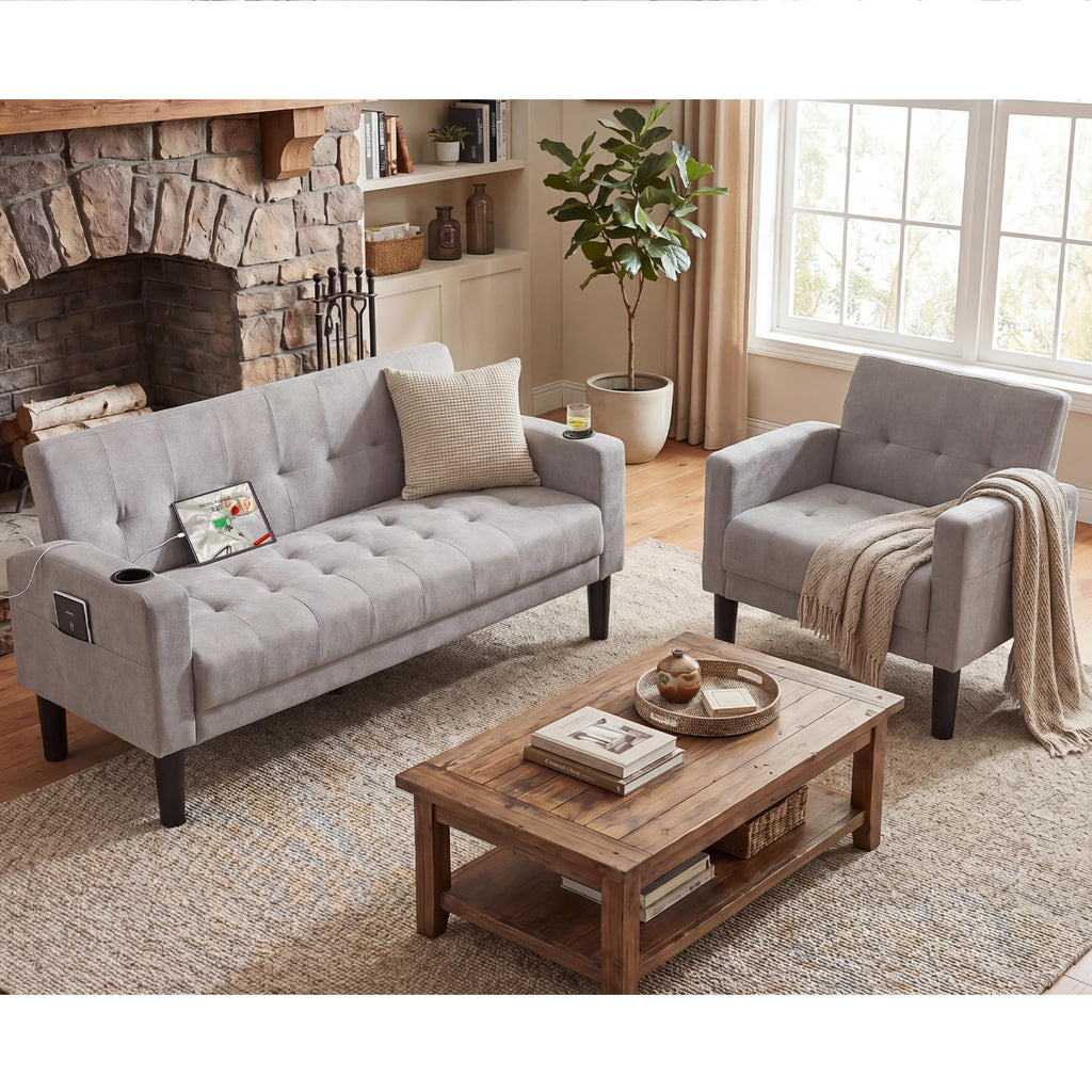 Sofa Couch, Living Room Furniture Sectional Sofa Sets 2 Pic, Tufted Mid-Century Loveseat w/USB, Cupholders & Comfy Single Sofa for Small Space, Apartment, Office (Light Grey)