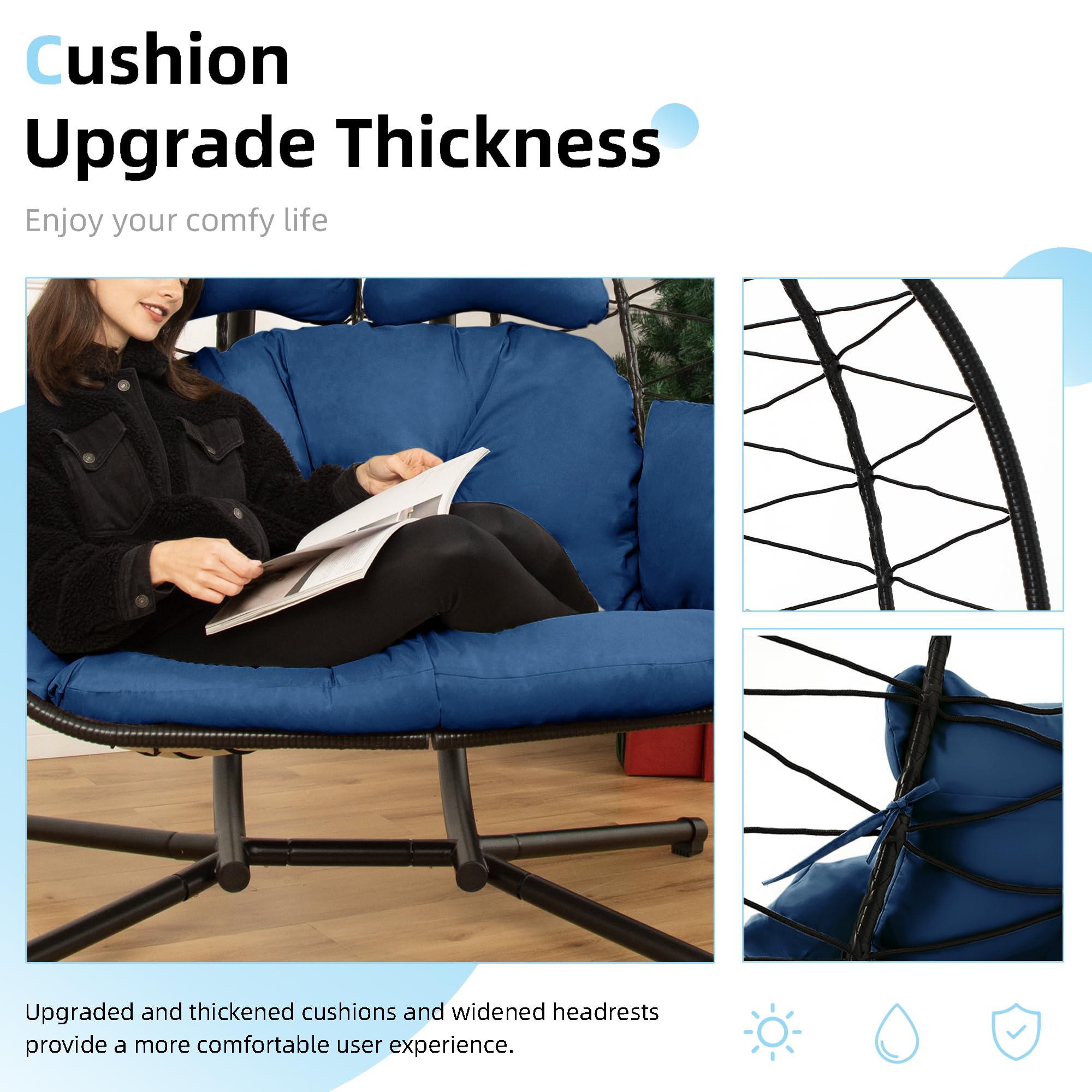 Double Egg Chair with Stand Hammock Swing Chair Foldable Hanging Loveseat, UV Resistant Removable Cushions, 700LBS Capacity for Bedroom, Balcony, Garden(BK-BL)