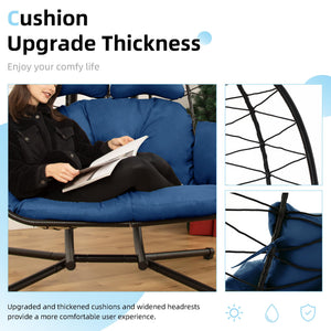 Double Egg Chair with Stand Hammock Swing Chair Foldable Hanging Loveseat, UV Resistant Removable Cushions, 700LBS Capacity for Bedroom, Balcony, Garden(BK-BL)