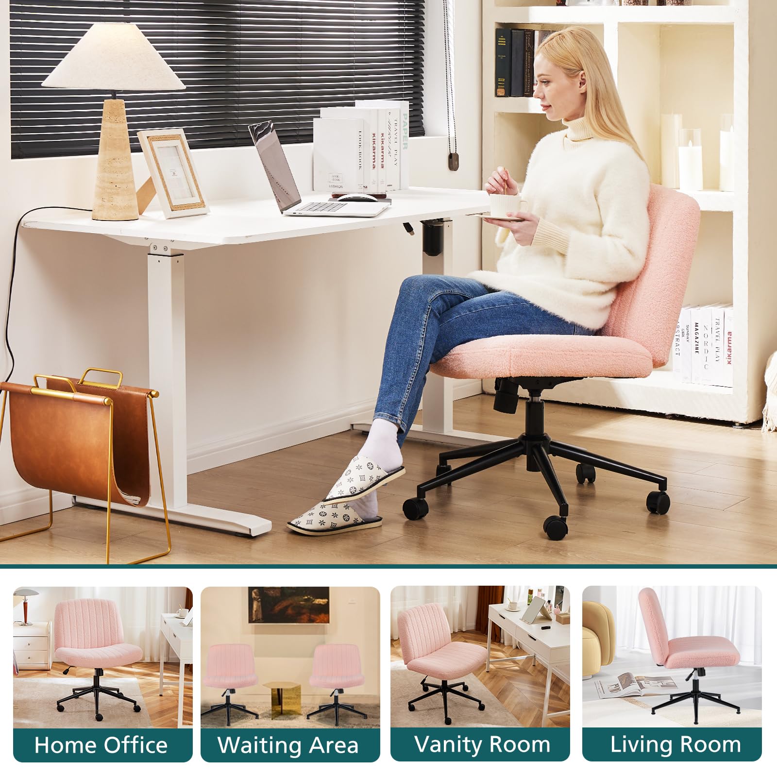 Criss Cross Chair with Wheels Wide Cross Legged Office Desk Vanity Chair Comfy Fabric Armless Adjustable Swivel for Home Computer Task Teddy Pink