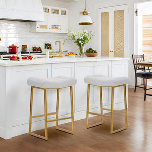 White & Gold Counter Height Bar Stools Set of 6 for Kitchen Counter Backless Kitchen Island Barstools with Upholstered Faux Leather Seat and Gold Base Modern 24 inch Bar Chairs No Back