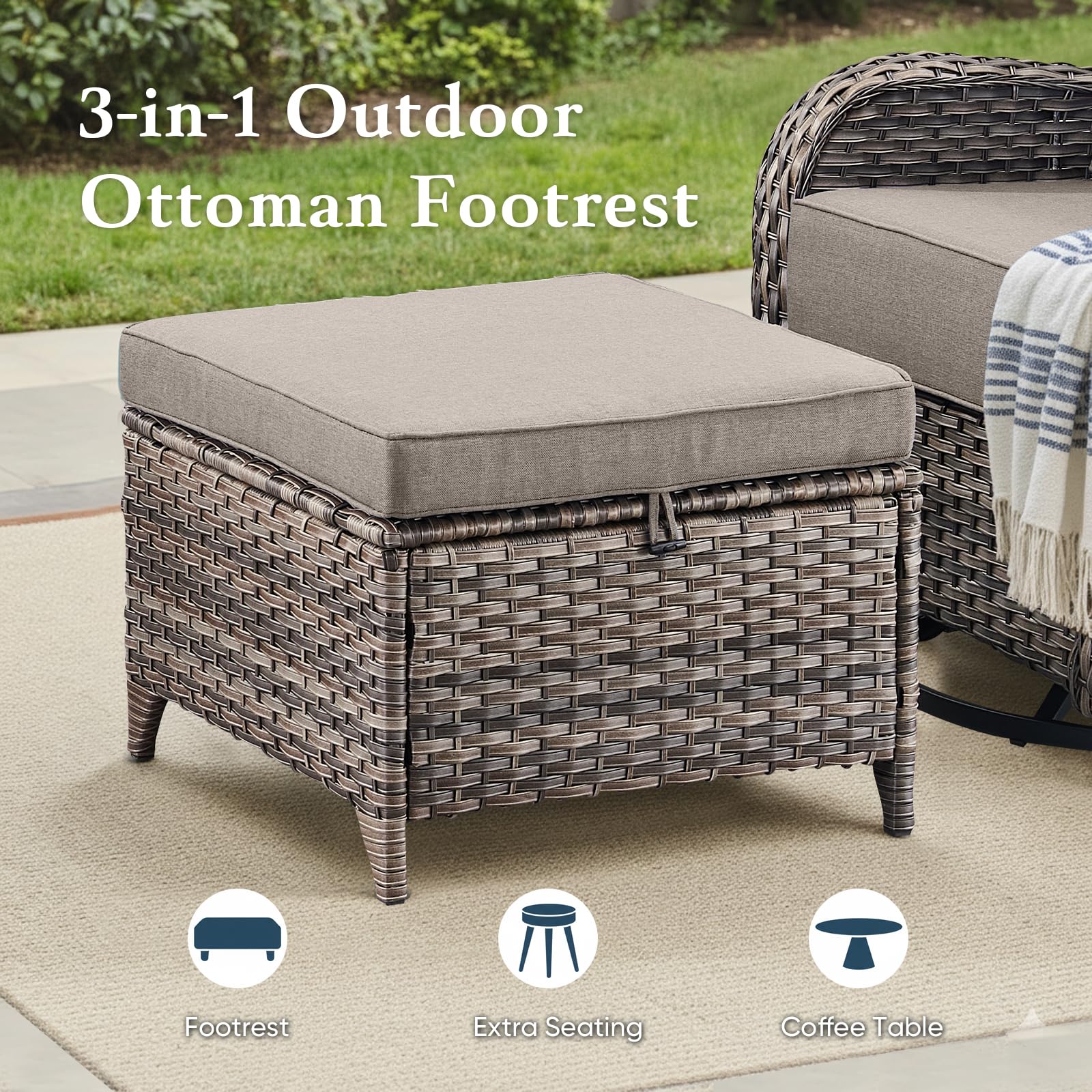 Luxury 6" Thick Cushioned 6 Pieces Patio Furniture Set with Outdoor Couch, Wicker Outdoor Conversation Set with High Back Swivel Rocker Chairs for Deck Porch Yard and Poolside - Grey+Grey