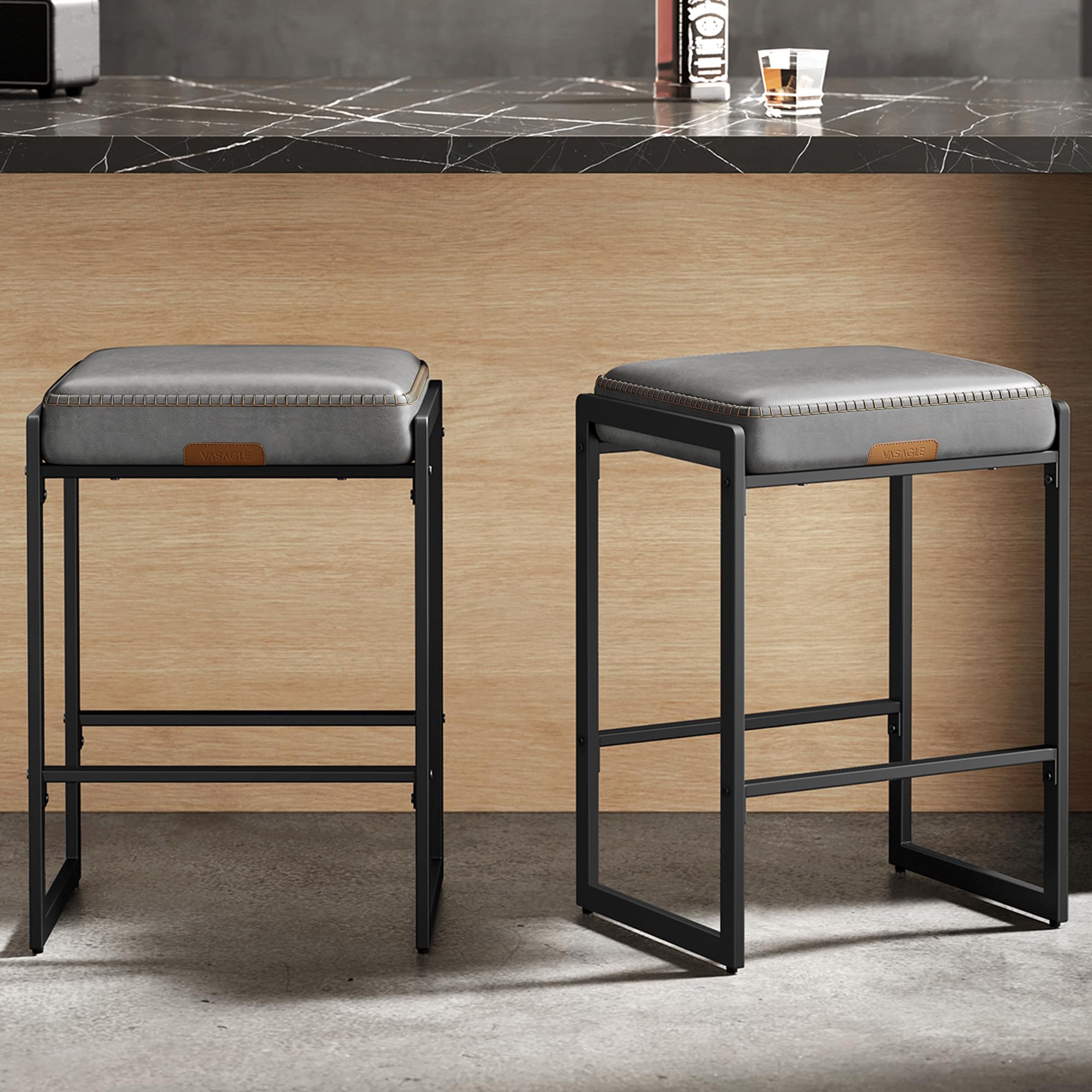 Bar Stools Set of 2, Counter Height Bar Stools, Synthetic Leather with Stitching, Mid-Century Modern Counter Stools, 26-Inch Tall, Kichen Home Bar Dining Room, Dove Gray