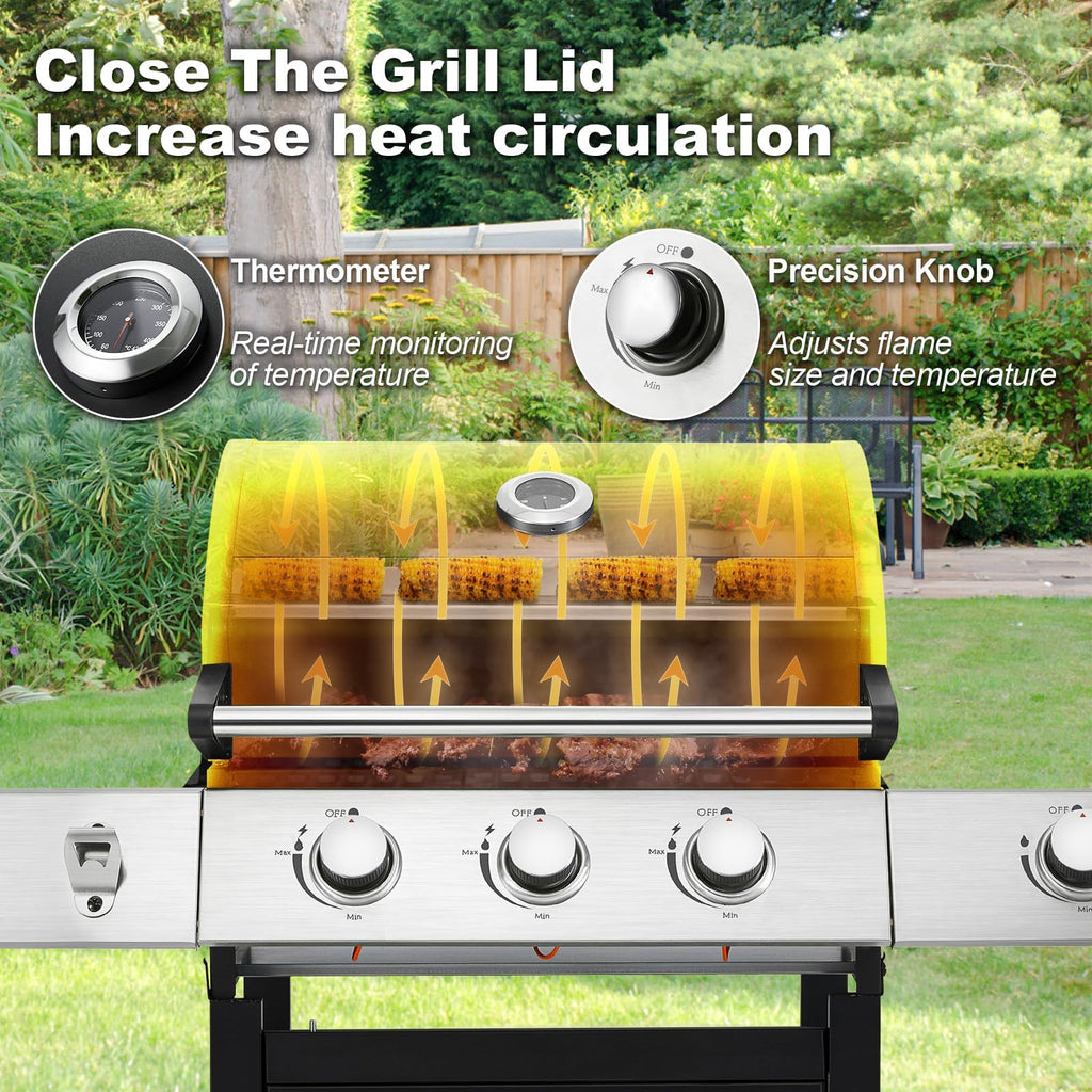 Upgraded 36,000 BTU Stainless Steel Burner Barbecue Grill, 3 Burner BBQ Propane Gas Grill with Cast Iron Grates & Side Stove for Patio, Camping, Outdoor Cooking