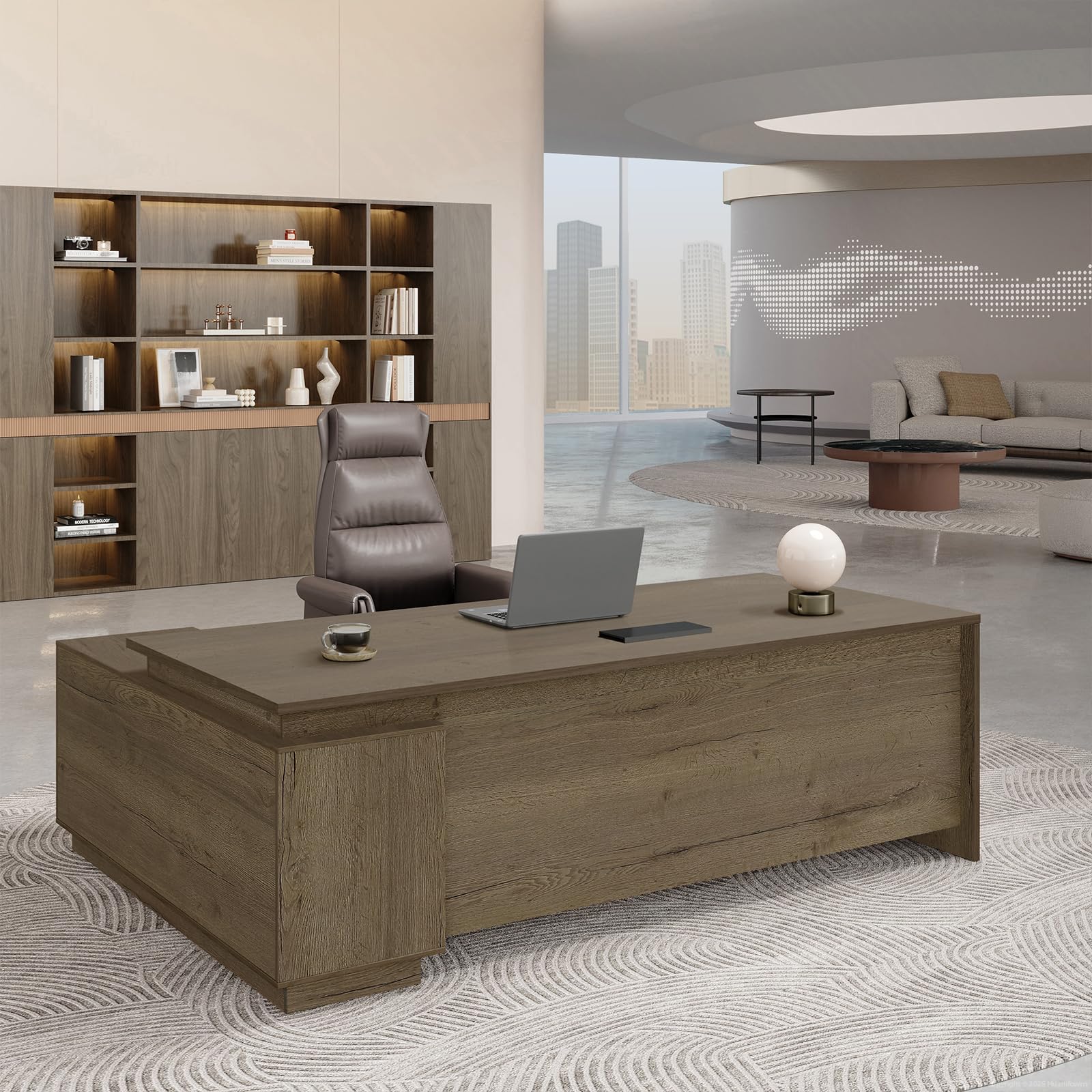 L-Shaped Executive Workstation with Lockable Drawers, 63” Large Office Furniture with Storage Cabinet & Cable Management, Reversible Home Office Setup (Walnut, 63”×32”×30”)