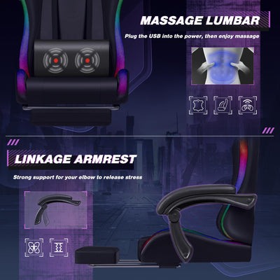 Gaming Chair, Video Game Chair with Footrest and Massage Lumbar Support, Ergonomic Computer Chair Height Adjustable with Swivel Seat and Headrest (RGB Dark Black)