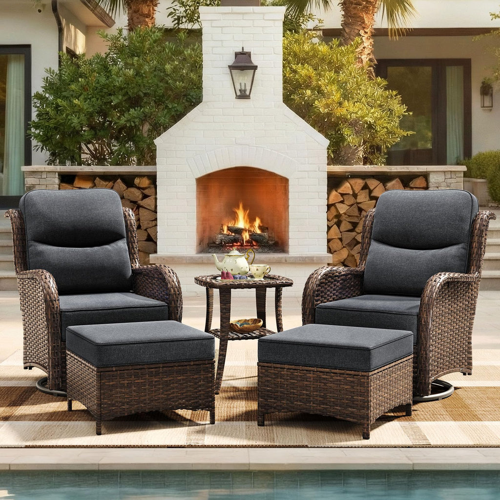 Luxury Patio Furniture Set with 6-inch Thick Cushion, Outdoor High Back Swivel Rocker Patio Chairs, 5PCS Wicker Conversation Set for Deck Yard and Poolside, Dark Grey (V2)
