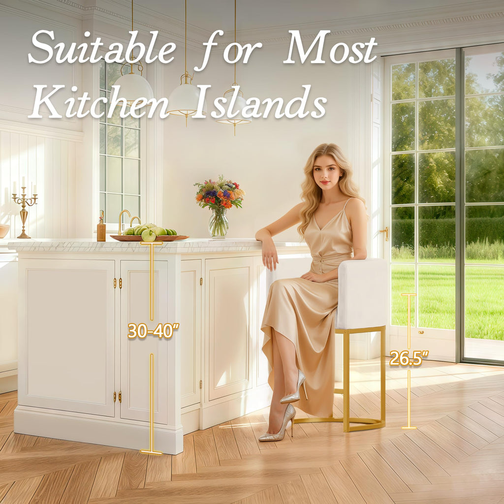 Modern Counter Height Bar Stools,Bar Stools Set of 3,Velvet Fabric Upholstered Barrel Barstools with Backs,26'' Kitchen Island Chairs,Metal Gold Frames,Beige White Velvet