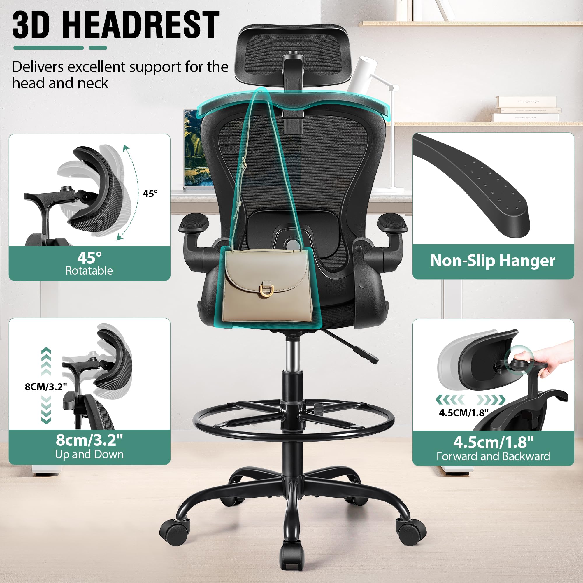 Drafting Chair, Tall Office Chair with 3D Lumbar & Head Support, Ergonomic Mesh Standing Desk Chair with Footring, Comfy Extended High Desk Chair with Flip-Up Arms & Hanger,Black