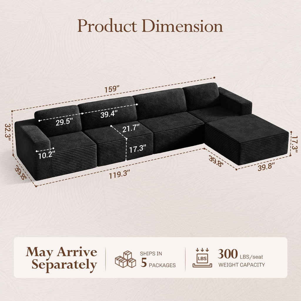 159" Large Modular Sectional Sofa, L-Shaped Corduroy Cloud Couch with Deep Seats & Spring Support, 4-Seater Boneless Sofa with Movable Ottoman, No Assembly Needed, Black