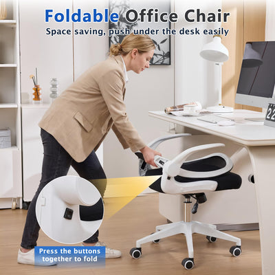 (2PCS White) Foldable Office Chair for Small Spaces | Home Office Folding Desk Chairs with Wheels and Flip Up Arms | Ergonomic Mesh Computer Chair for Adults & Kids