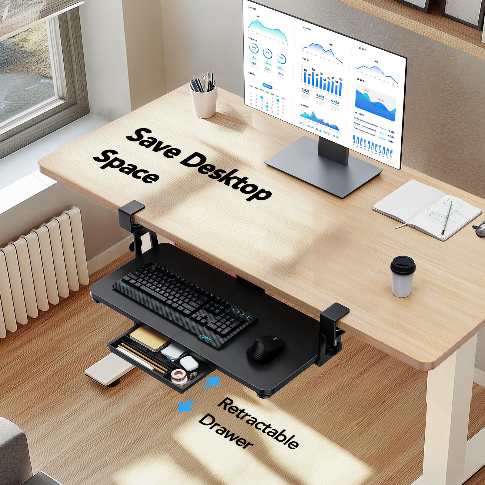 Large Under Desk Keyboard Tray with Sturdy C-Clamp Mount, 26 (30.16" Including Clamps) x 12 inch Slide-Out Platform Computer Desk Heavy Duty Keyboard Tray with Storage Drawer for Typing, Black