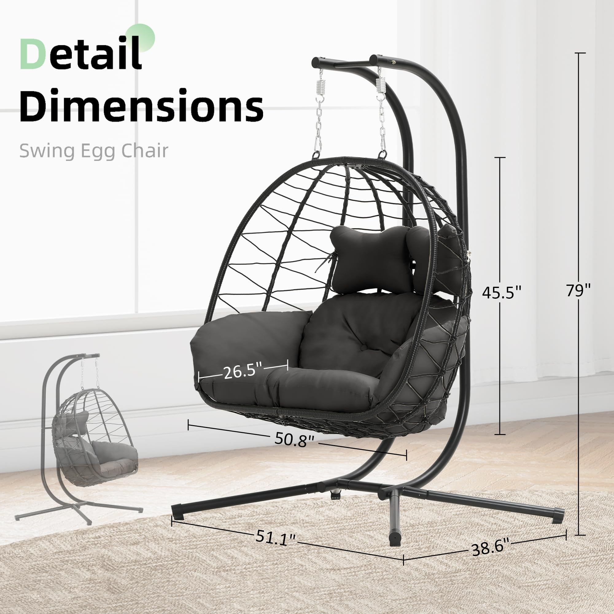 Double Egg Chair with Stand Hammock Swing Chair Foldable Hanging Loveseat, UV Resistant Removable Cushions, 700LBS Capacity for Bedroom, Balcony, Garden(BK-GR)