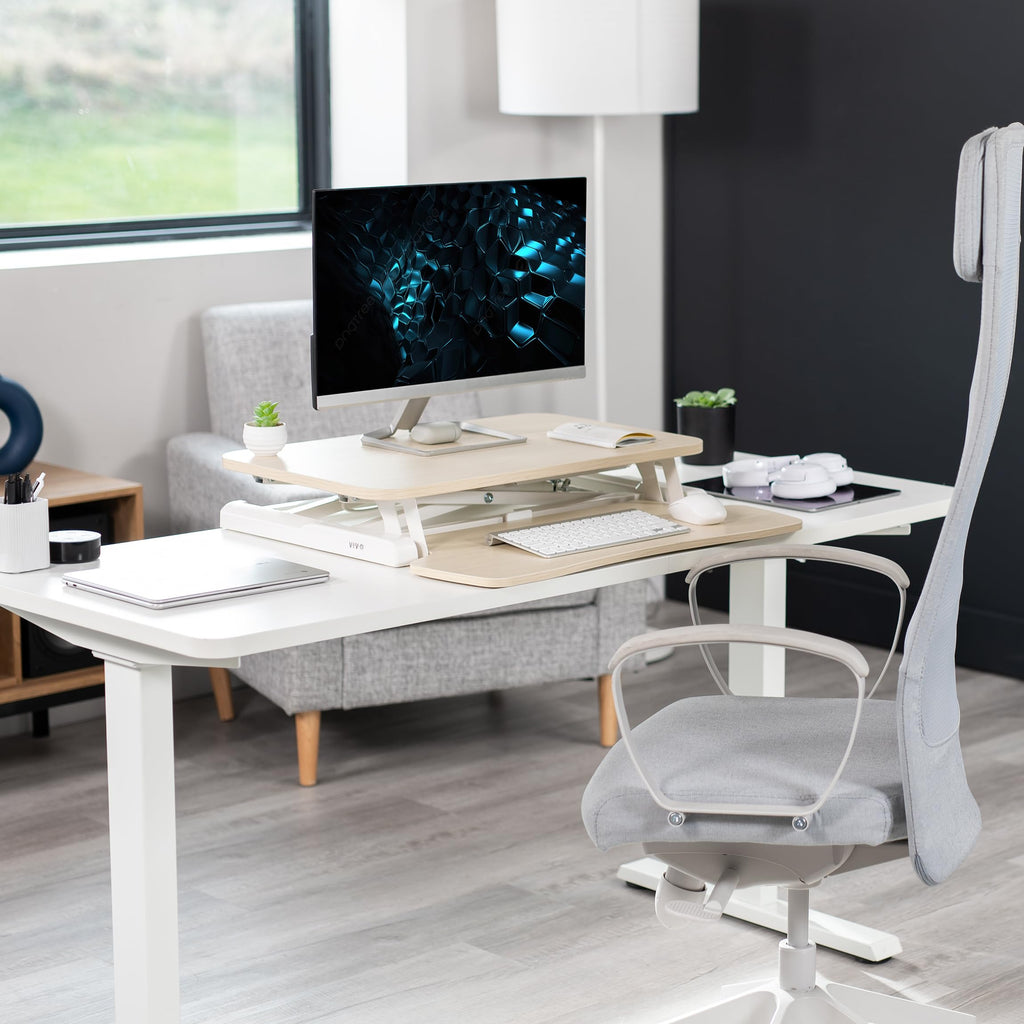 26 inch Desk Converter, K Series, Height Adjustable Sit to Stand Riser, Dual Monitor and Laptop Workstation with Keyboard Tray, Light Wood Top, White Frame, DESK-V026KF