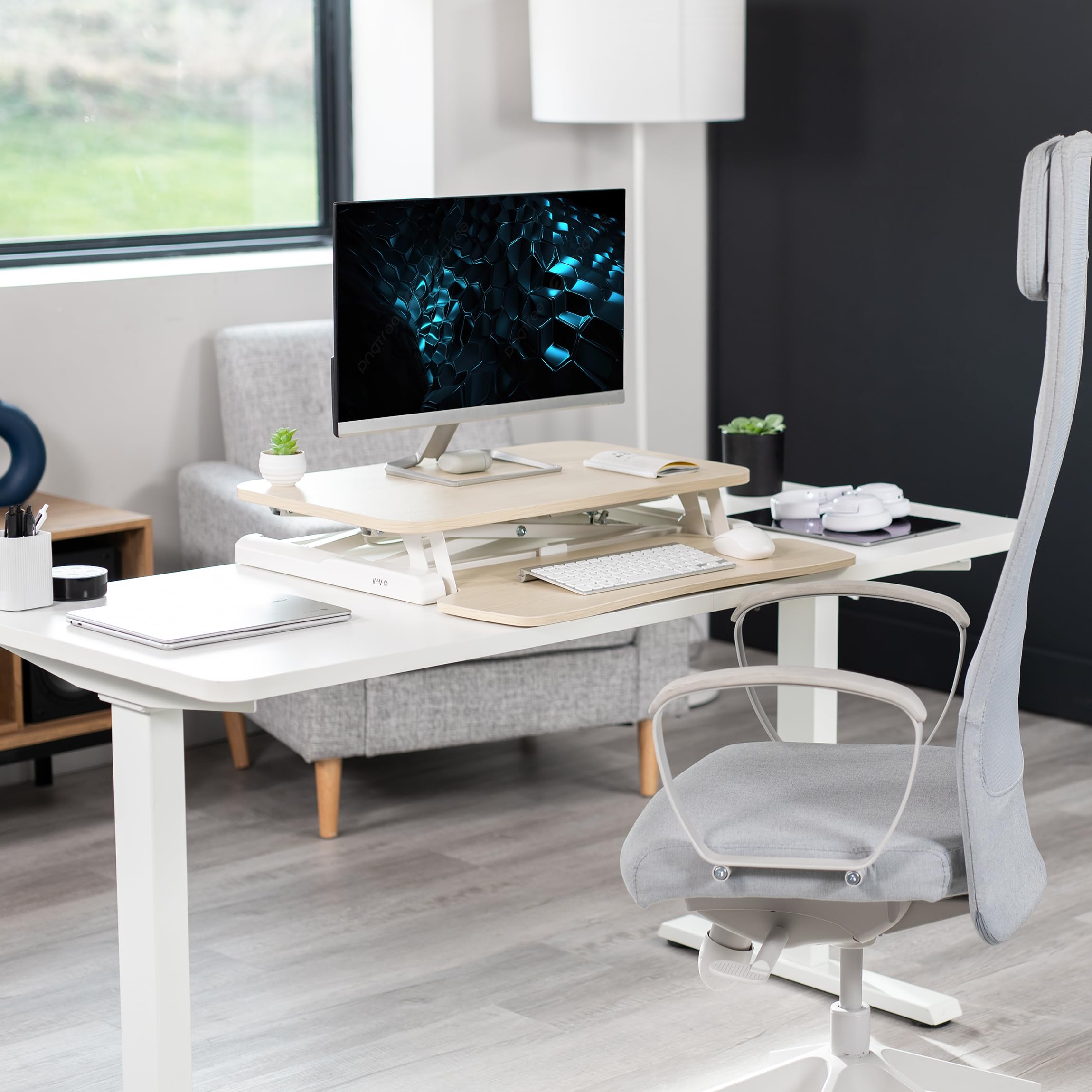 26 inch Desk Converter, K Series, Height Adjustable Sit to Stand Riser, Dual Monitor and Laptop Workstation with Keyboard Tray, Light Wood Top, White Frame, DESK-V026KF