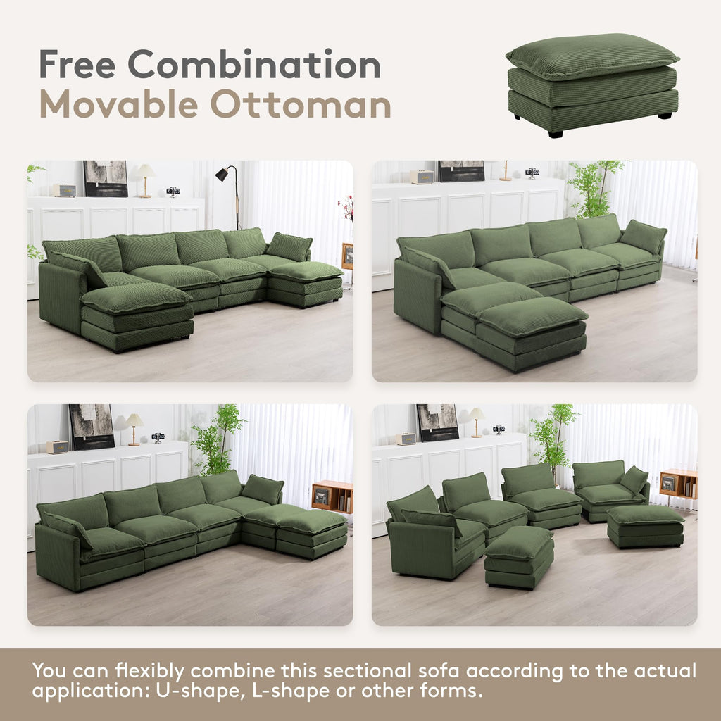 148'' Sectional Cloud Couch with 2 Ottomans, Oversized 4 Seat Sleeper Sofa with 2 Throw Pillows, Convertible Upholstered U Shaped Cozy Sofa Furniture Set for Living Room and Office, Green