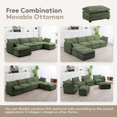 148'' Sectional Cloud Couch with 2 Ottomans, Oversized 4 Seat Sleeper Sofa with 2 Throw Pillows, Convertible Upholstered U Shaped Cozy Sofa Furniture Set for Living Room and Office, Green