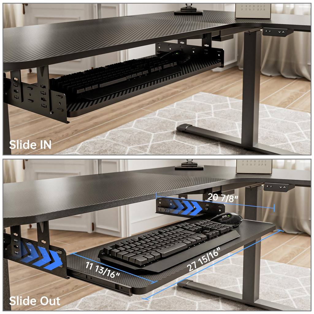 Adjustable Keyboard Tray Under Desk, 28x11 Inch Large Slide Out Keyboard & Mouse Platform Tray, Wooden Pull Out Computer Keyboard Drawer for Typing Home Office Desk, Black