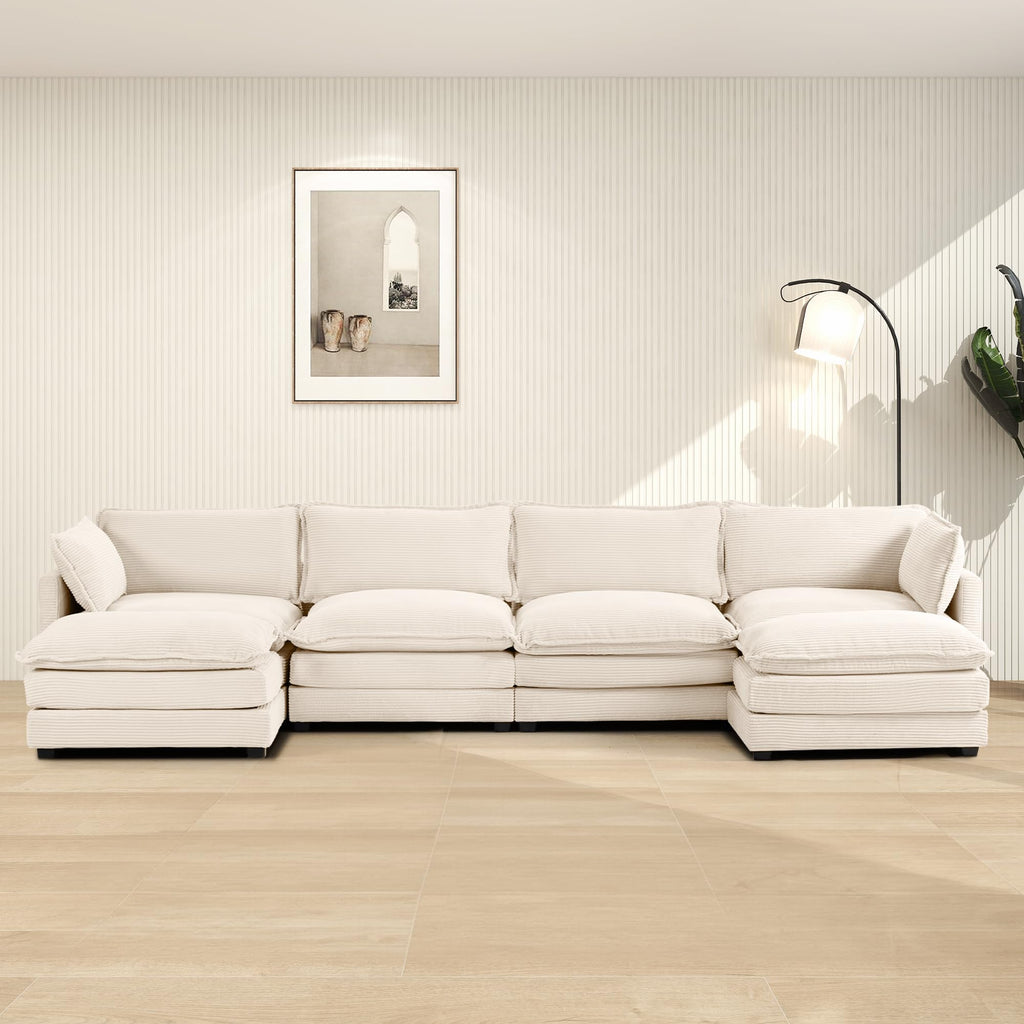 148'' Sectional Cloud Couch with 2 Ottomans, Oversized 4 Seat Sleeper Sofa with 2 Throw Pillows, Convertible Upholstered U Shaped Cozy Sofa Furniture Set for Living Room and Office, Beige