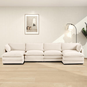 148'' Sectional Cloud Couch with 2 Ottomans, Oversized 4 Seat Sleeper Sofa with 2 Throw Pillows, Convertible Upholstered U Shaped Cozy Sofa Furniture Set for Living Room and Office, Beige
