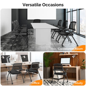 6 Pack Stackable Conference Room Chairs with Wheels, Folding Office Chair with Rebound Back, Padded Seat for Training Room, Guest, Reception, Event, Capacity 350lbs, Black
