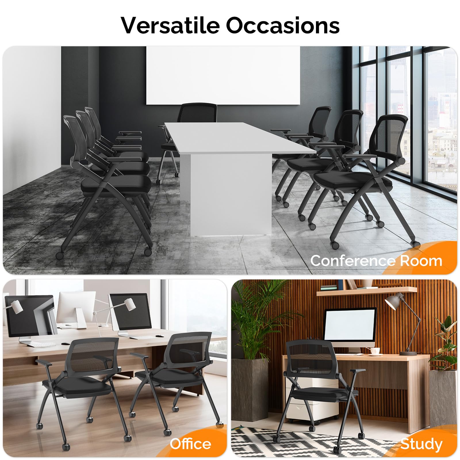8 Pack Stackable Conference Room Chairs with Wheels, Folding Office Chair with Rebound Back, Padded Seat for Training Room, Guest, Reception, Event, Capacity 350lbs, Black