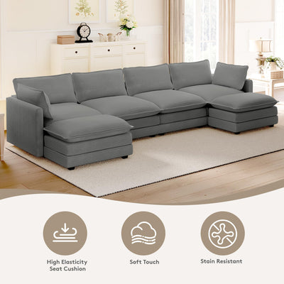 148'' Sectional Cloud Couch with 2 Ottomans, Oversized 4 Seat Sleeper Sofa with 2 Throw Pillows, Convertible Upholstered U Shaped Cozy Sofa Furniture Set for Living Room and Office, Dark Grey
