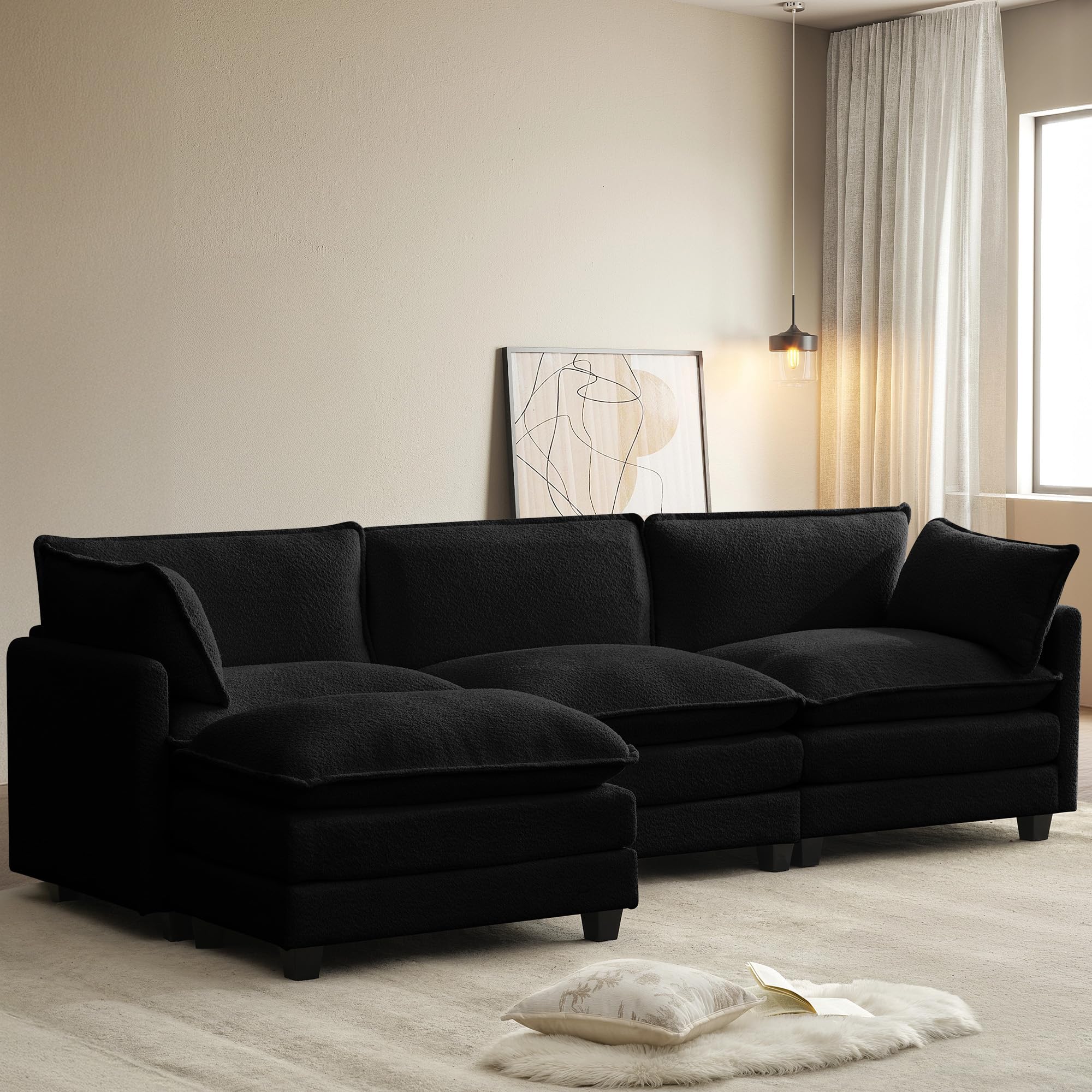 112'' Modular Sectional Cloud Couch with Movable Ottoman, 4 Seat Modern Chenille Sofa with 2 Throw Pillows, Deep Seat L Shaped Couch for Living Room Bedroom Apartment, Black