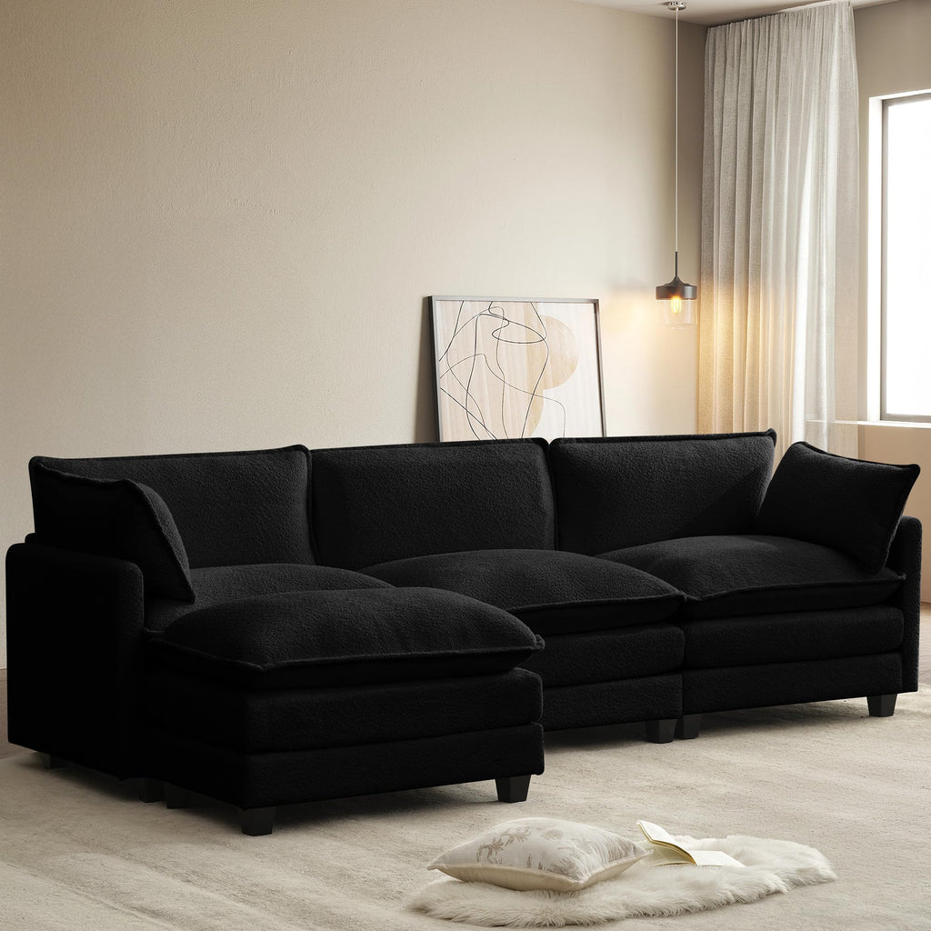 112'' Modular Sectional Cloud Couch with Movable Ottoman, 4 Seat Modern Chenille Sofa with 2 Throw Pillows, Deep Seat L Shaped Couch for Living Room Bedroom Apartment, Black