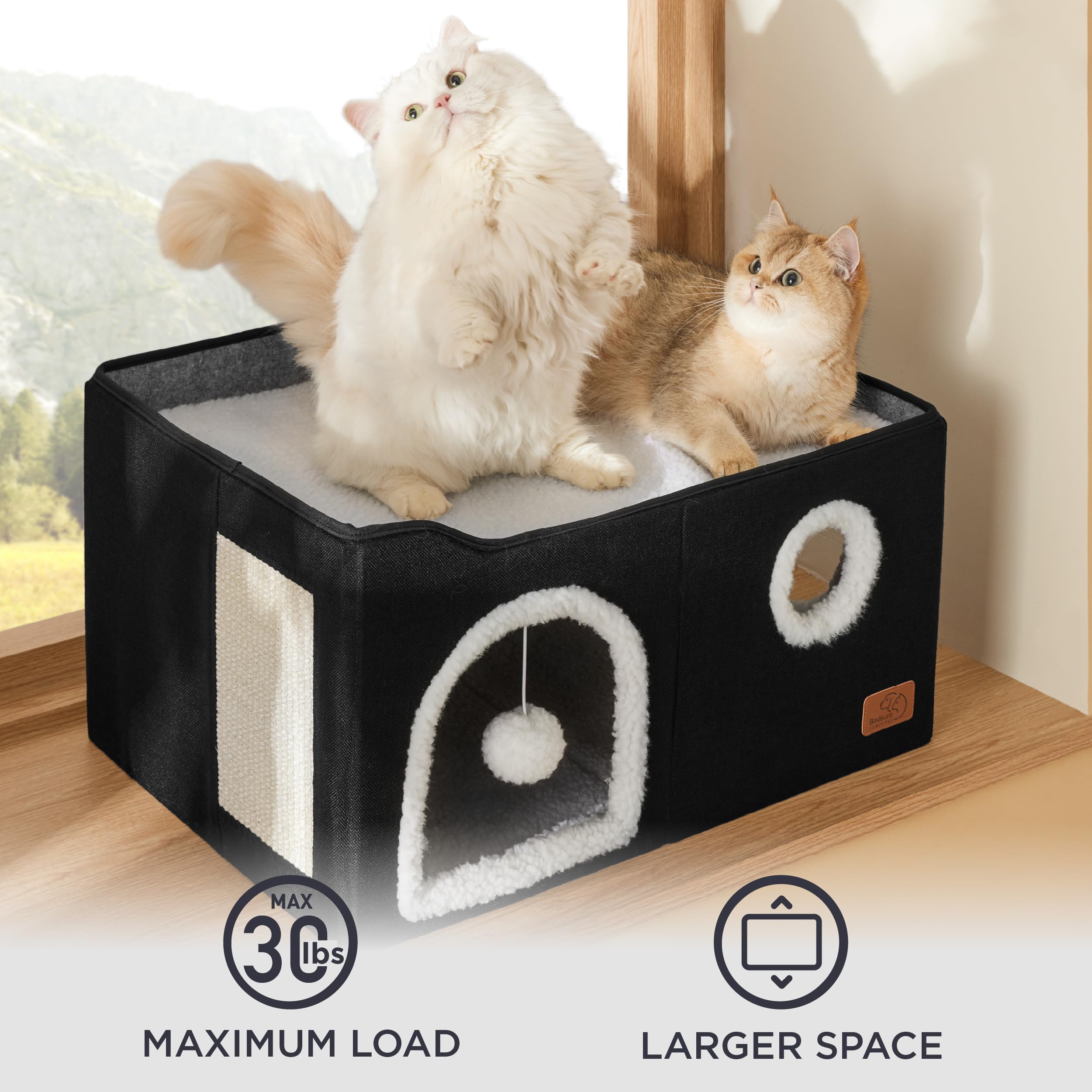 Large Cat Beds for Indoor Cats - Extra Wide Cat Cube House for Small Pet with Fluffy Ball Hanging and Scratch Pad, Foldable Pet Cave Hideaway for Multiple Cats, 23.6x16.9x13 inches, Black