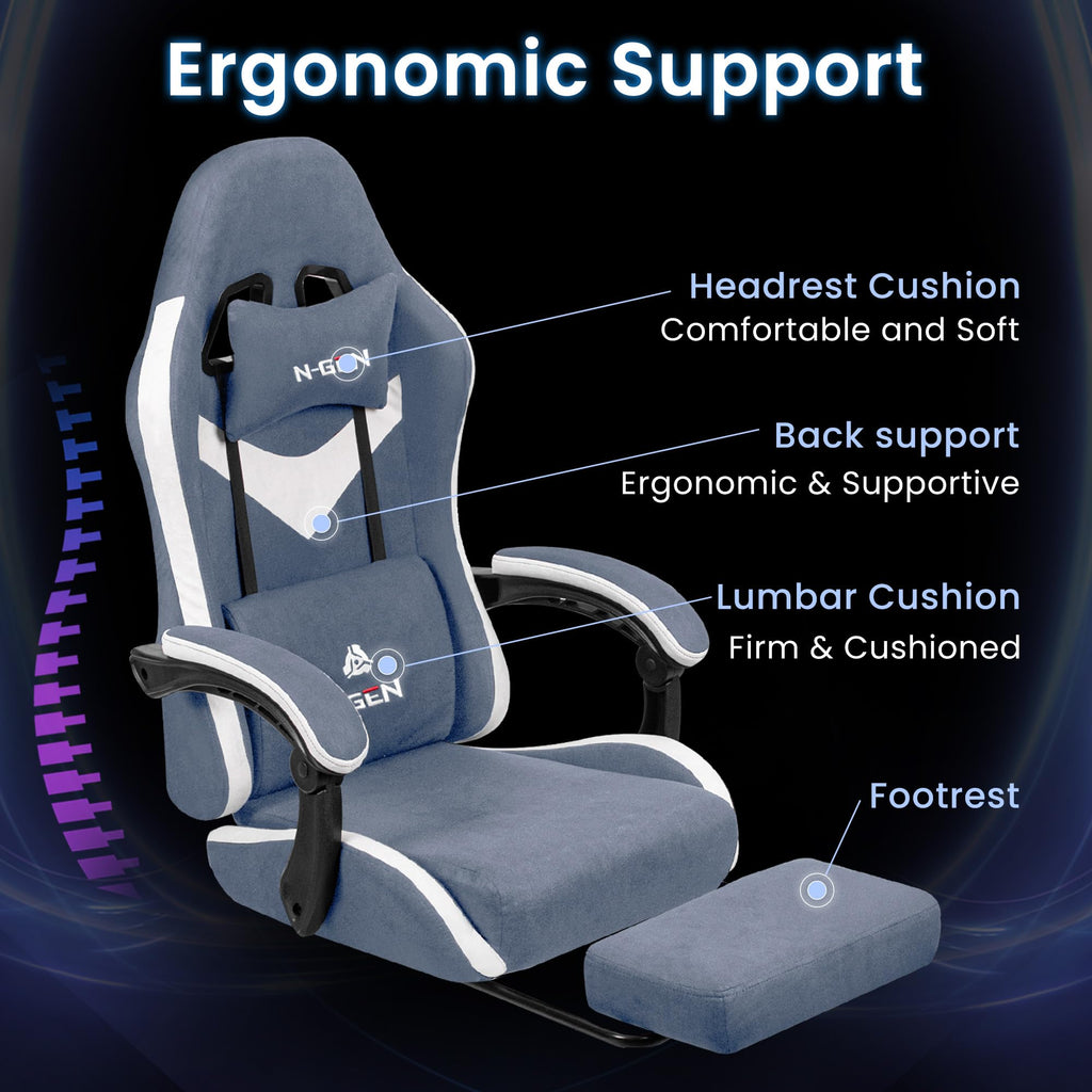 Video Gaming Chair with Footrest Lumbar Support for Home Office High Back Recliner Height Adjustable Ergonomic Comfy Fabric Computer Desk Chair (Blue)