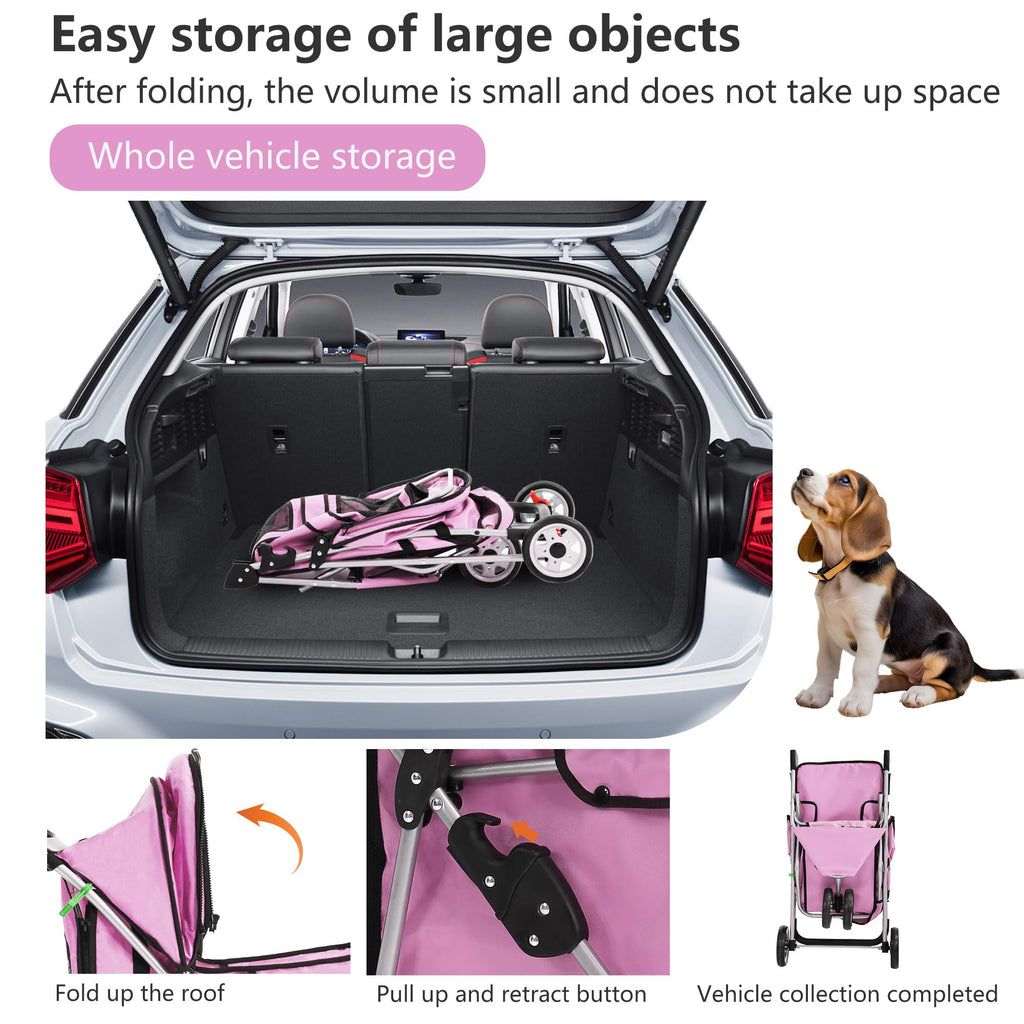 3-Wheel Pet Stroller Foldable Dog Cat Jogger Stroller Durable Travel Folding Carrier with Storage Basket Cup Holder,Peach Pink
