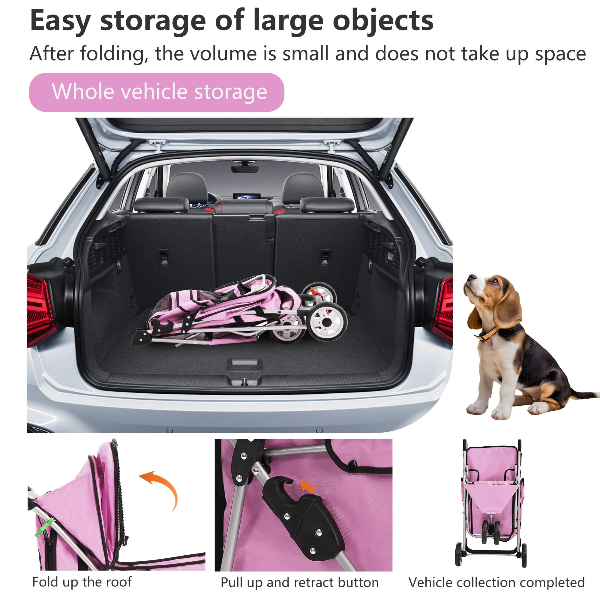 3-Wheel Pet Stroller Foldable Dog Cat Jogger Stroller Durable Travel Folding Carrier with Storage Basket Cup Holder,Peach Pink