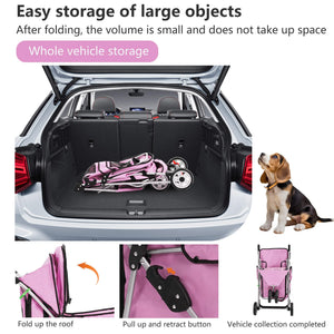 3-Wheel Pet Stroller Foldable Dog Cat Jogger Stroller Durable Travel Folding Carrier with Storage Basket Cup Holder,Peach Pink