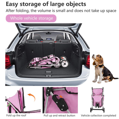 3-Wheel Pet Stroller Foldable Dog Cat Jogger Stroller Durable Travel Folding Carrier with Storage Basket Cup Holder,Peach Pink