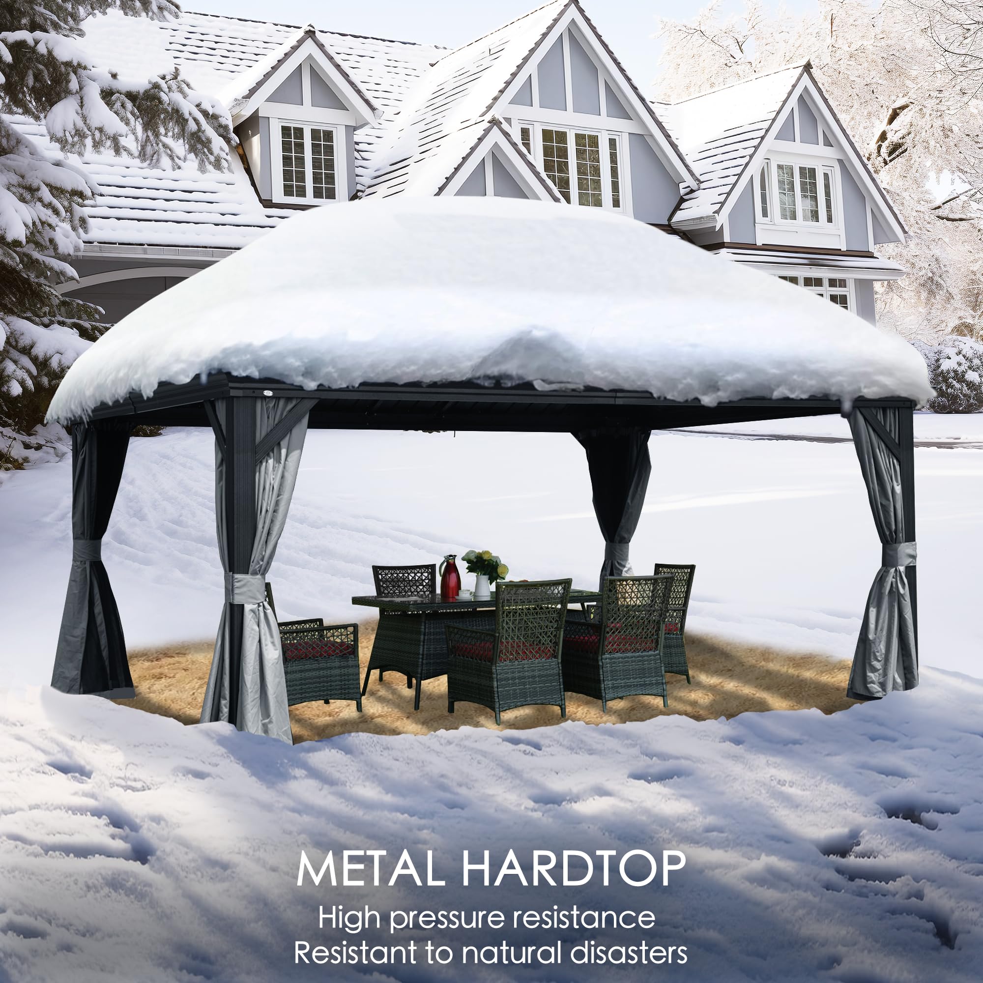 12' x 16' Hardtop Gazebo, Aluminum Frame with Galvanized Steel Double Roof, Outdoor Permanent Pavilion with Curtains and Netting for Patio, Backyard, Deck, Lawn (Gray)