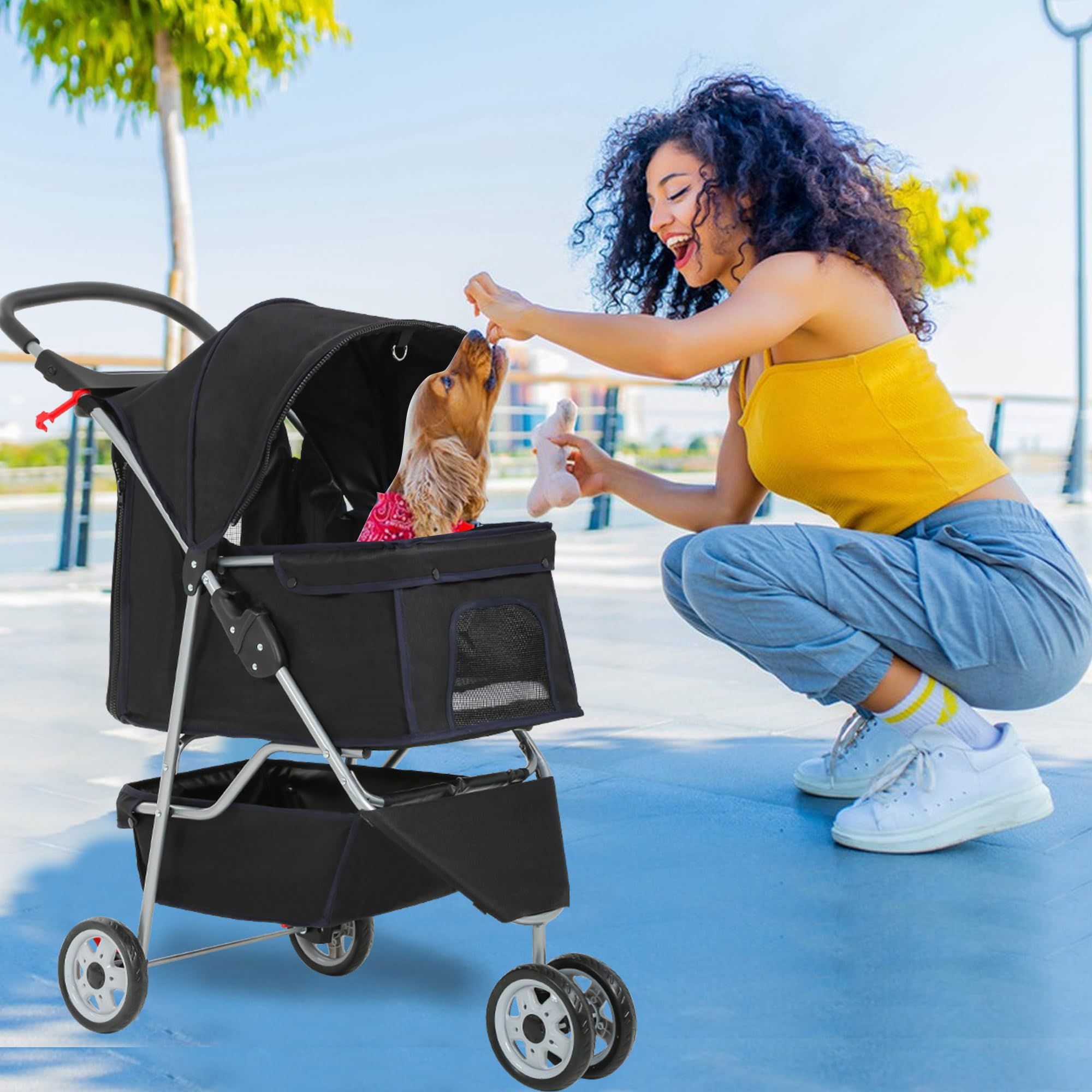 Pet Stroller 3-Wheel Durable Foldable Cat Dog Stroller with Washable Liner Storage Basket Cup Holder,Black