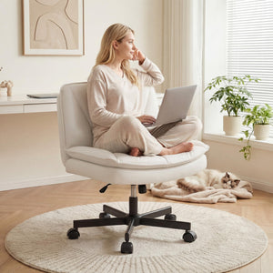 Criss Cross Chair with Wheels, Cross Legged Office Chair, Armless, 2 Layer Scratch-Resistant Pu Leather Swivel for Home Office,Makeup Vanities & Dressing Tables,Beige