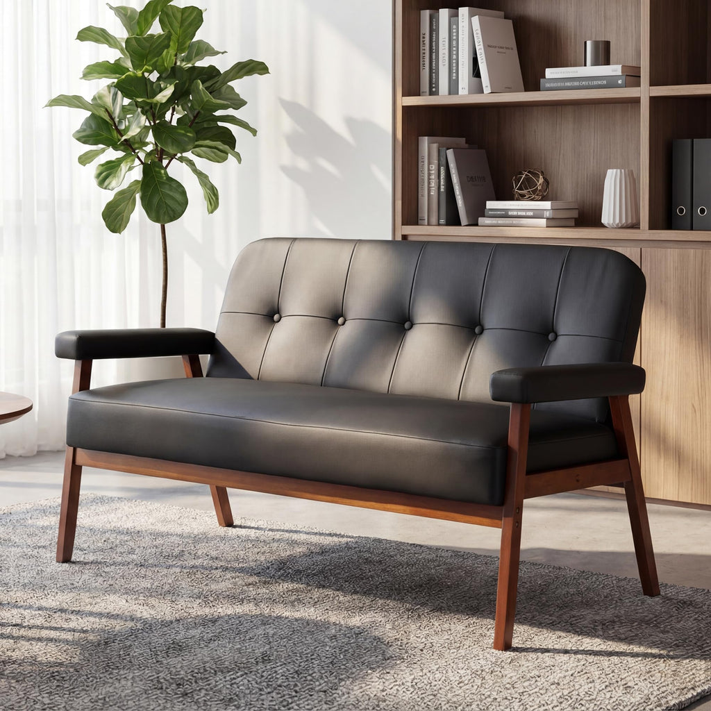 50”W Black Faux Leather Small Office Couch Loveseat Sofa with Wood Arms, Mid Century Modern Love Seat Sofas Lounge Armchair Living Room Bedroom (Black (loveseat))