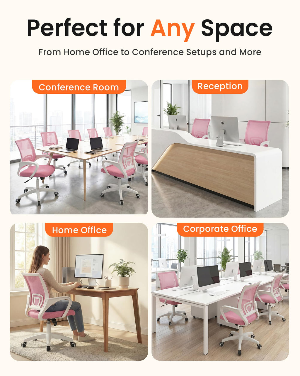 Office Desk Computer Chair Ergonomic Mesh Gaming Cushion Seat with Comfy Lumbar Mid Back Support Adjustable Height Swivel Rolling Wheels for Home Task (Pink)