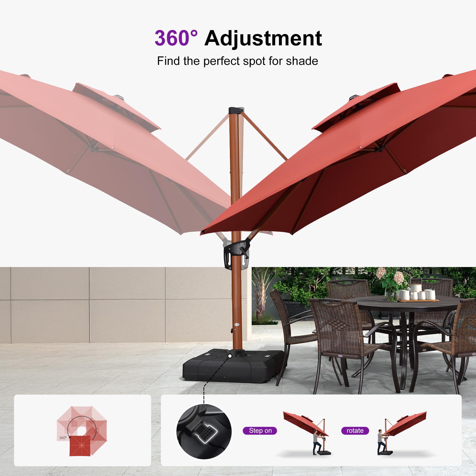 9' X 12' Double Top Deluxe Wood Pattern Rectangle Patio Umbrella Offset Hanging Umbrella Outdoor Market Umbrella Garden Umbrella, Brick Red
