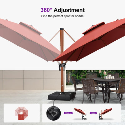 9' X 12' Double Top Deluxe Wood Pattern Rectangle Patio Umbrella Offset Hanging Umbrella Outdoor Market Umbrella Garden Umbrella, Brick Red