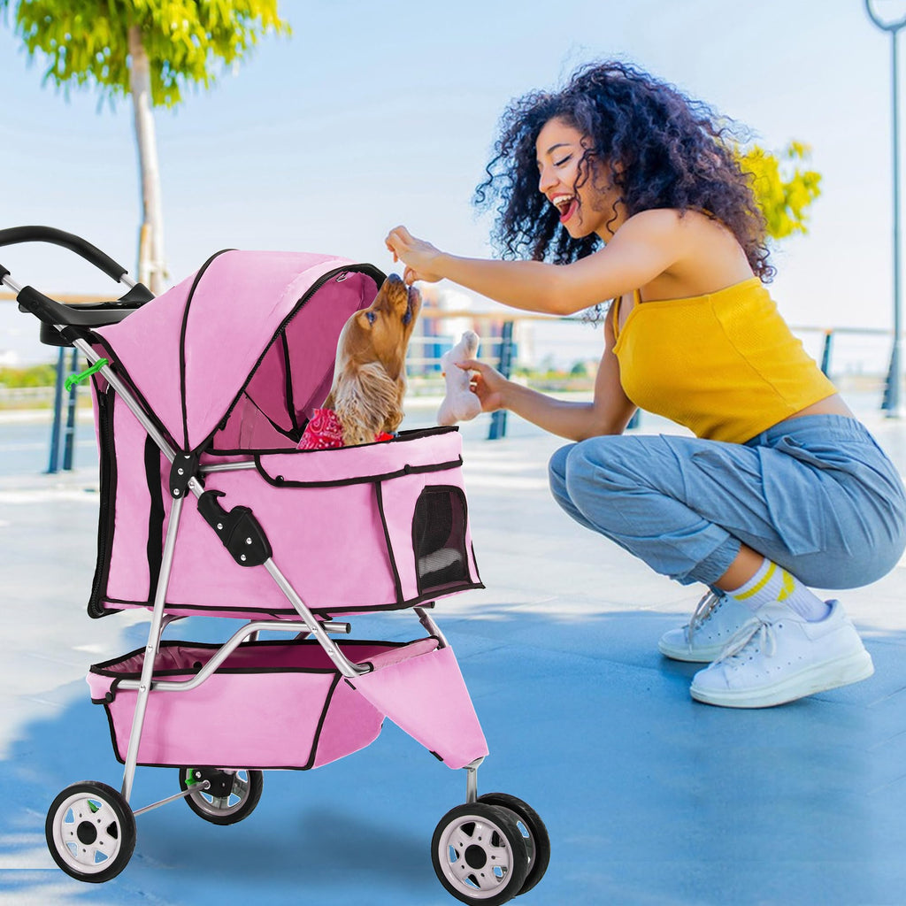 Pet Stroller Foldable Dog Stroller 3-Wheel Durable Cat Jogger Stroller for Small and Medium Dogs Cats with Washable Liner Storage Basket Cup Holder,Pink