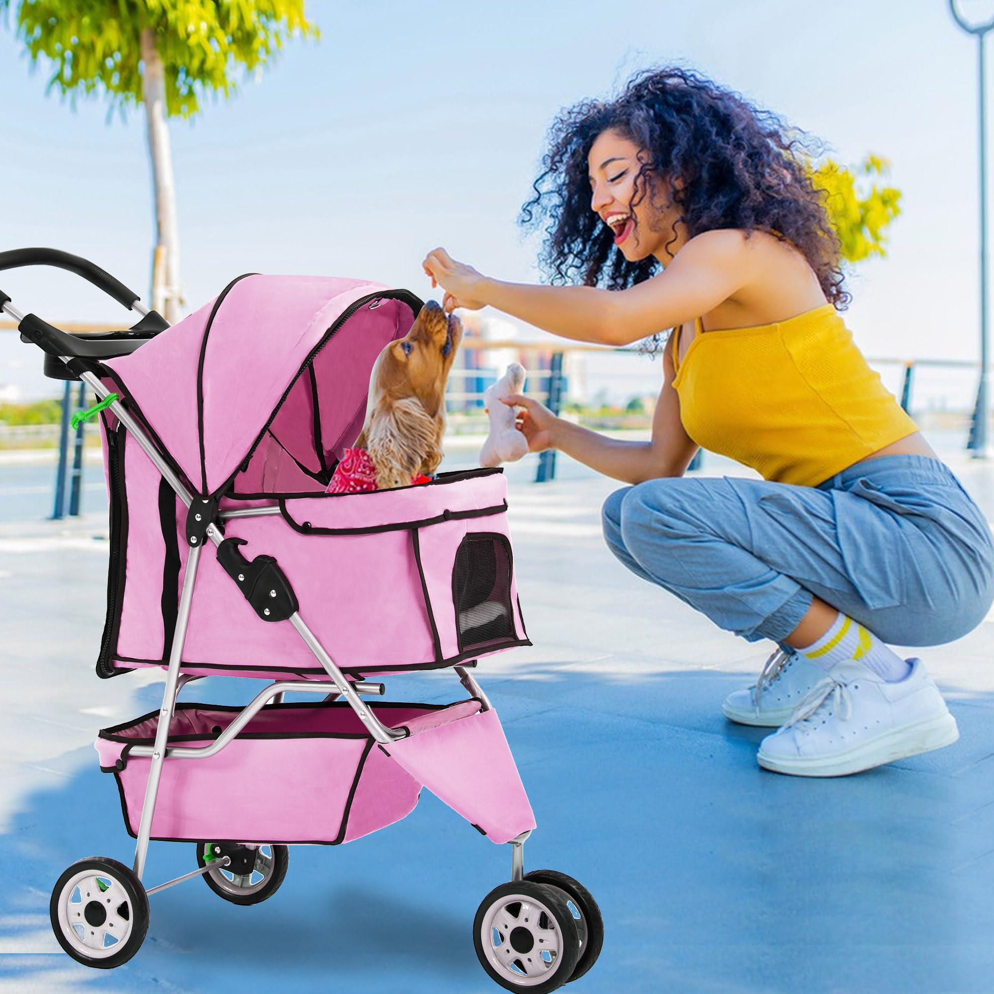 Pet Stroller Foldable Dog Stroller 3-Wheel Durable Cat Jogger Stroller for Small and Medium Dogs Cats with Washable Liner Storage Basket Cup Holder,Pink