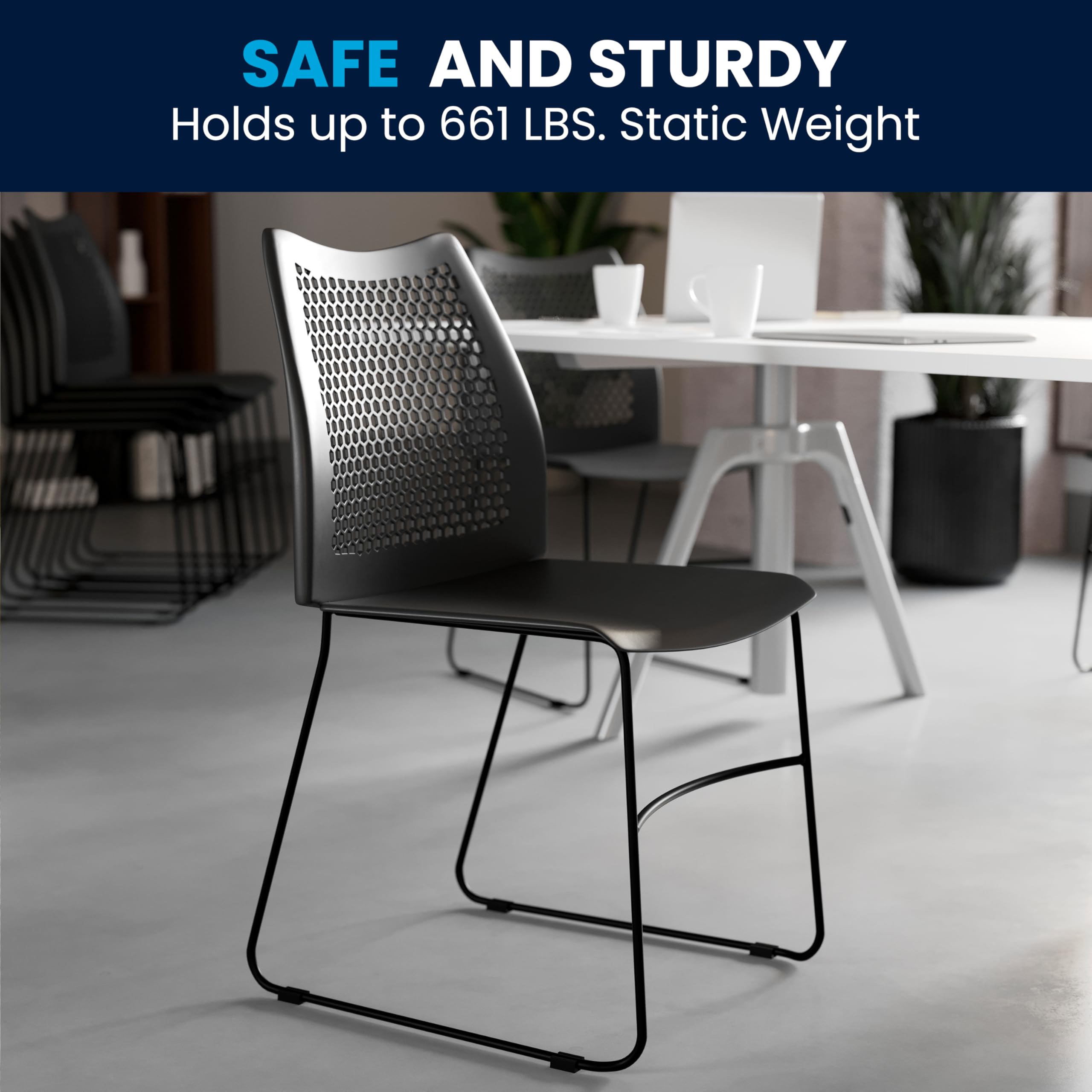 Set of 5 Black, Hercules Series Contoured Lobby Chairs with Air-Vent Honeycomb Backs, Ergonomic Stacking Chairs for Offices