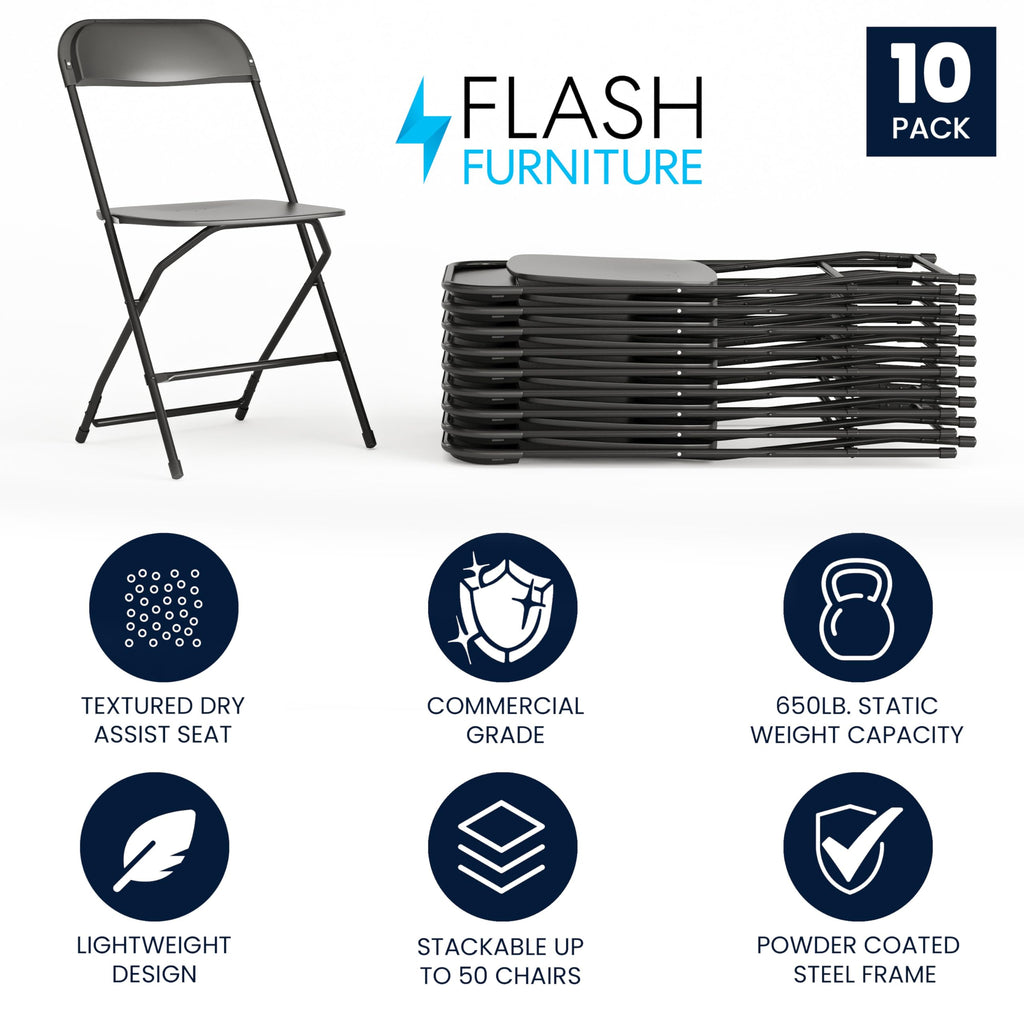 Hercules Set of 10 Indoor/Outdoor Heavy-Duty Plastic Folding Chairs, Foldable Commercial Stacking Chairs with 650-lb. Static Weight Capacity, Black