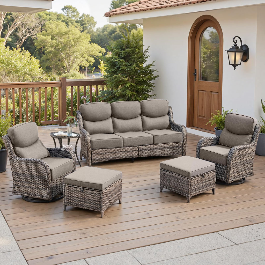 Luxury 6" Thick Cushioned 6 Pieces Patio Furniture Set with Outdoor Couch, Wicker Outdoor Conversation Set with High Back Swivel Rocker Chairs for Deck Porch Yard and Poolside - Grey+Grey