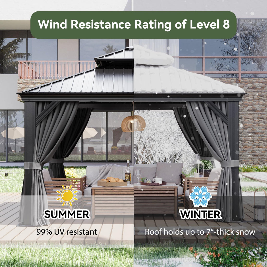 12' X 12' Hardtop Gazebo with Drainage System, Aluminum Outdoor Gazebo with Galvanized Steel Double Roof, Patio Permanent Metal Pavilion with Netting, for Garden, Deck, Grey